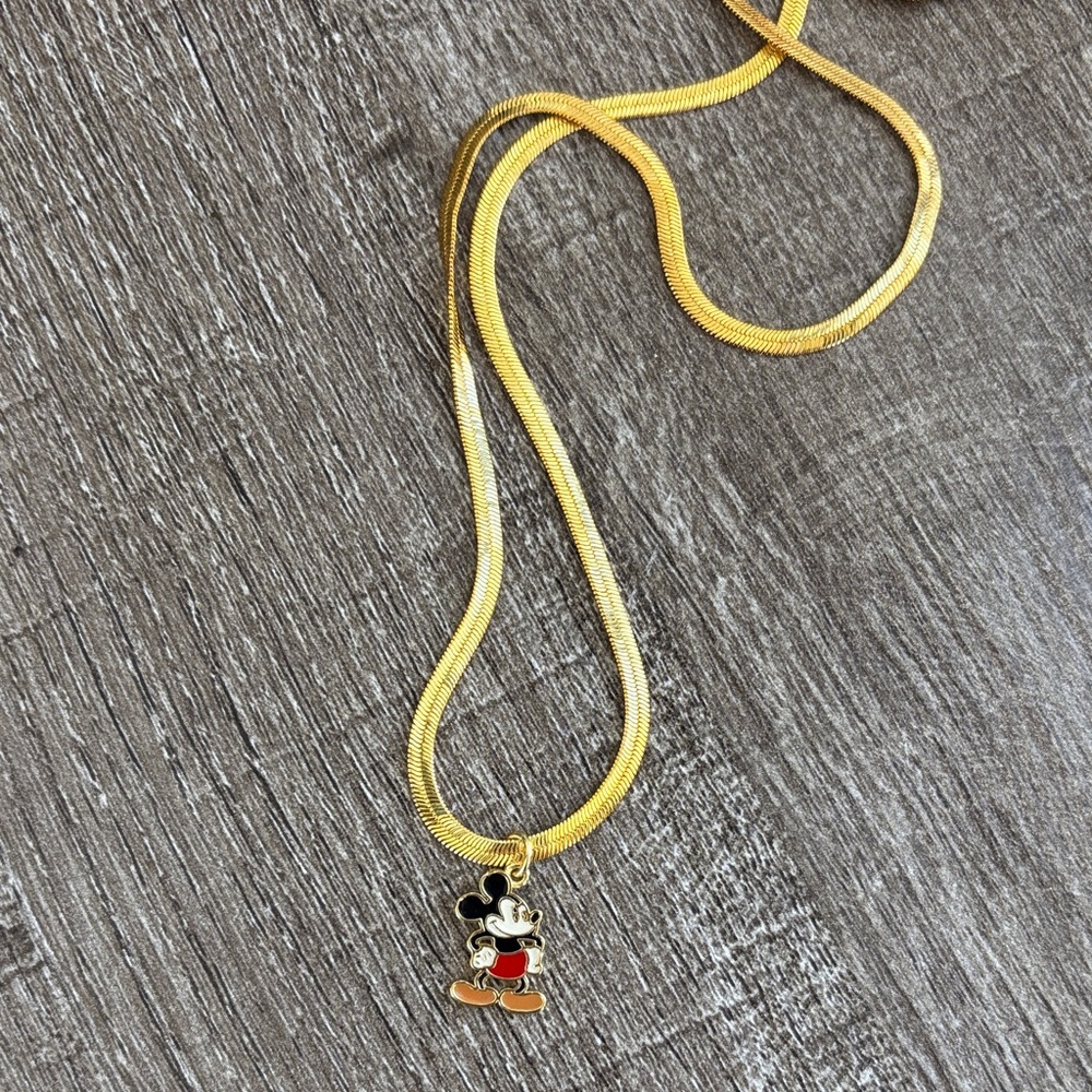 Gold Filled Herringbone Chain Necklace Mickey Mouse Pendant